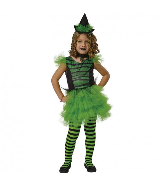 Disfraz de Bruja Glamourosa verde para niña