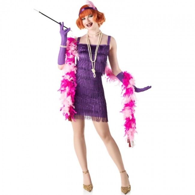 Disfraz de cabaretera glamurosa con plumas violeta (talla 4-5 años)