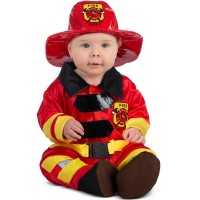 Bebé vestido de bombero y con casco